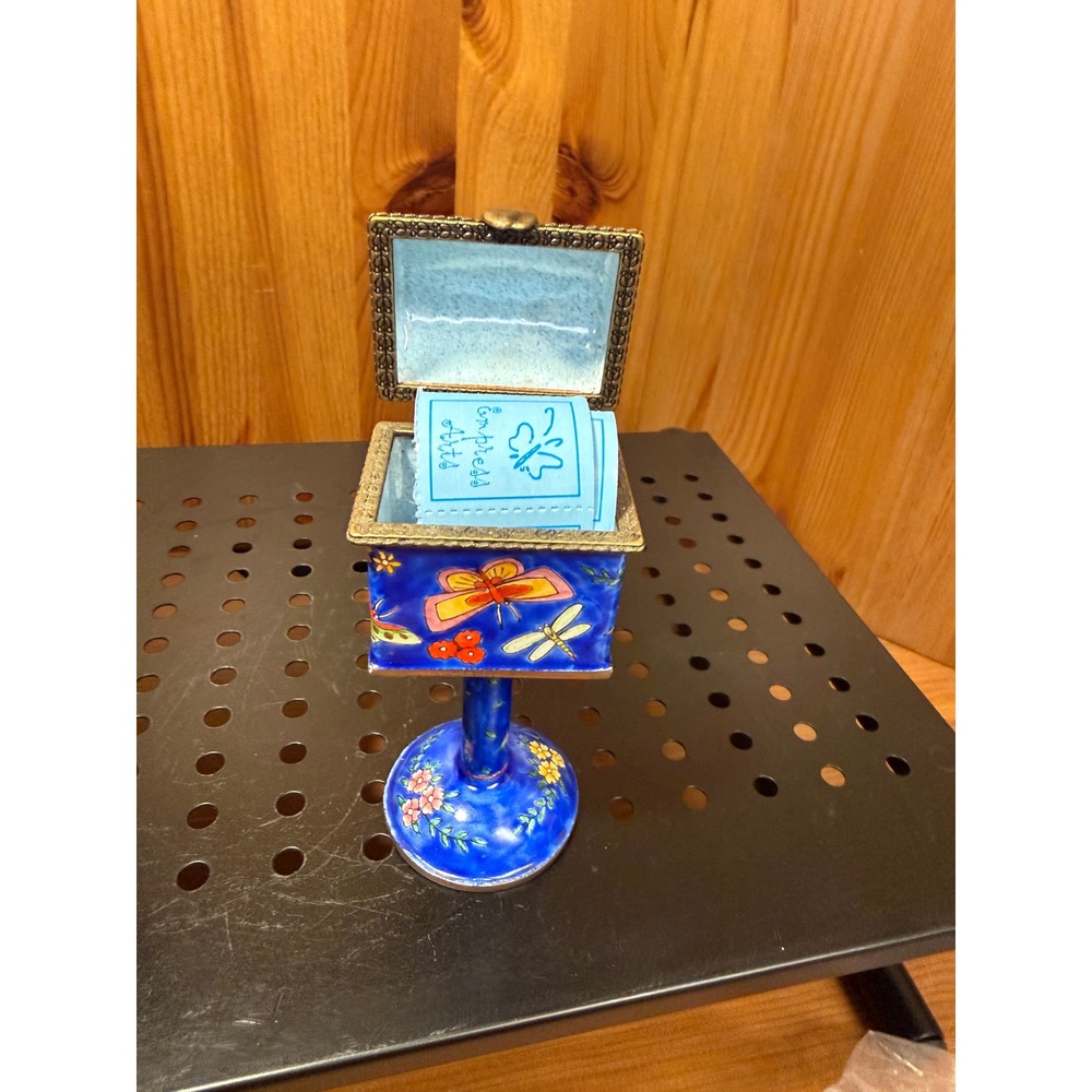 Empress Arts 2002 Enamel Mailbox Trinket Box Butterfly Floral 5.5" Stand - Picture 2 of 7